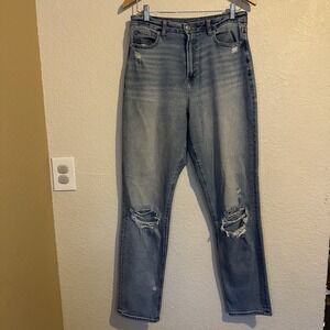 American Eagle Womens 8 X-long Stretch Curvy Mom Jean Distressed Light Wash Blue